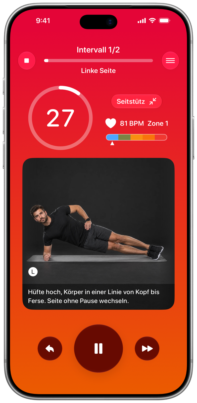 Ares auf dem iPhone im Training: Seitstütz mit Übungsfoto, Herzfrequenz und Notiz darunter