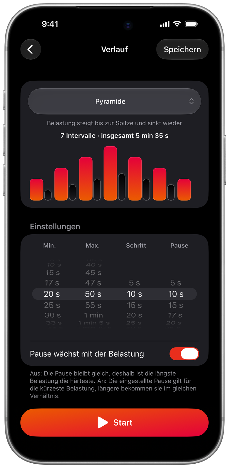 Bildschirm „Verlauf“ in Ares: Pyramide mit 7 Intervallen von 20 bis 50 s, insgesamt 5 min 35 s