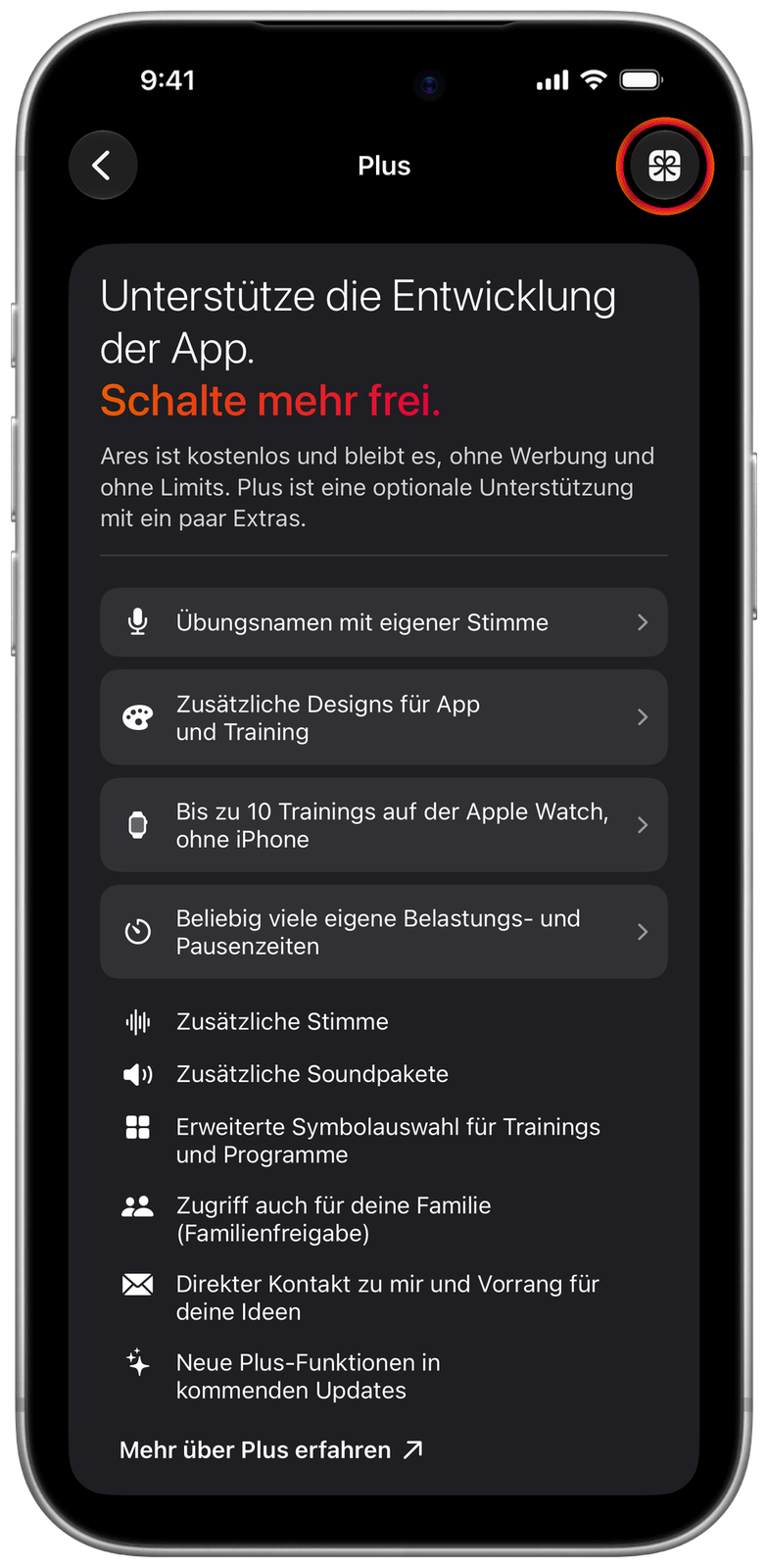 Ares-Plus-Bildschirm, oben rechts ist die Geschenktaste markiert