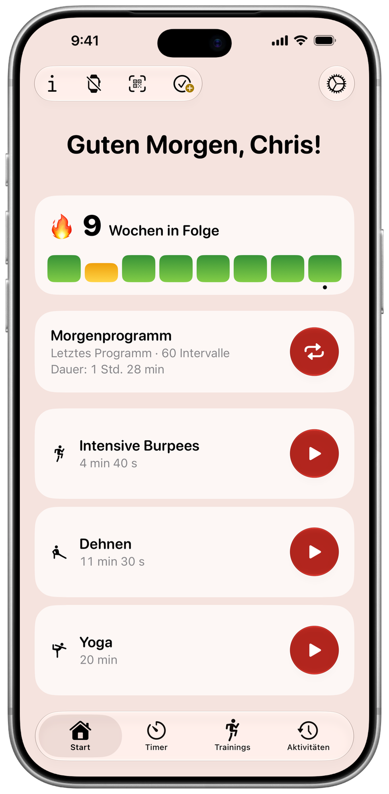 Startbildschirm von Ares im hellen Modus: 9 Wochen in Folge, letztes Programm wiederholen und angeheftete Trainings