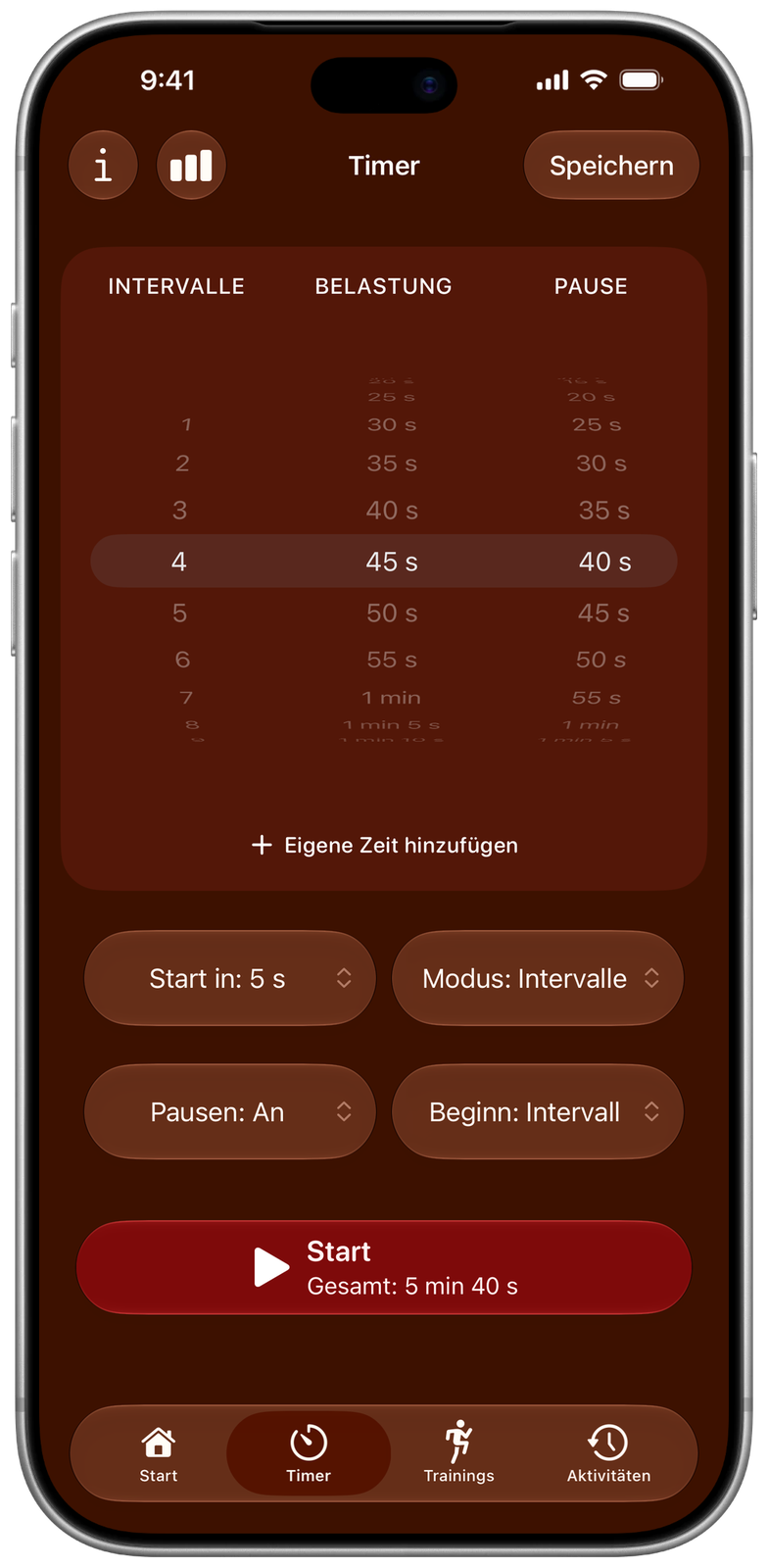 Timer-Einstellung in Ares: Intervalle, Belastung, Pause, Modus und Startoptionen
