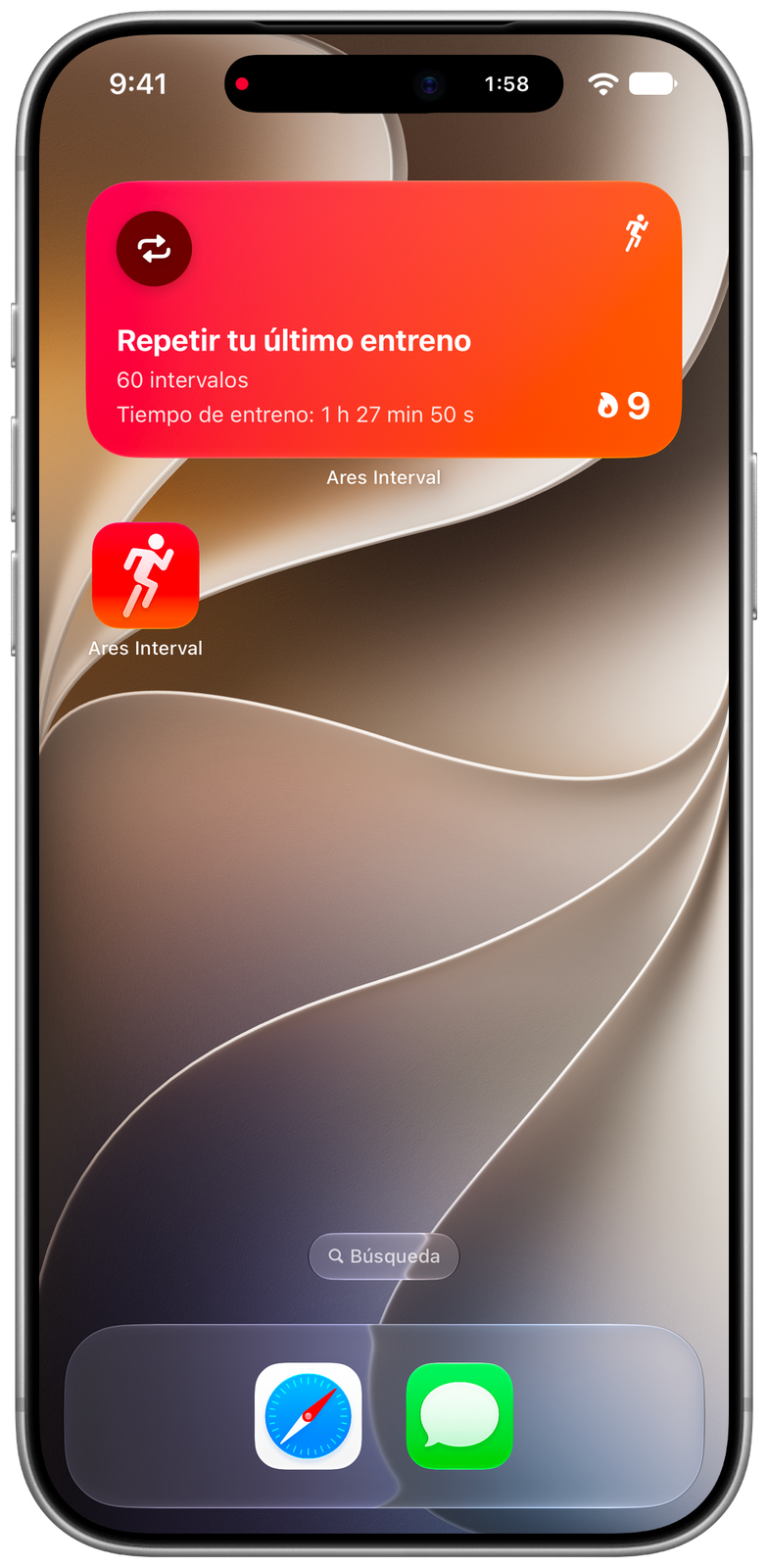 Widget de Ares en la pantalla de inicio del iPhone: repite tu último entreno, 60 intervalos, racha de 9 semanas; el tiempo del entreno en la Dynamic Island