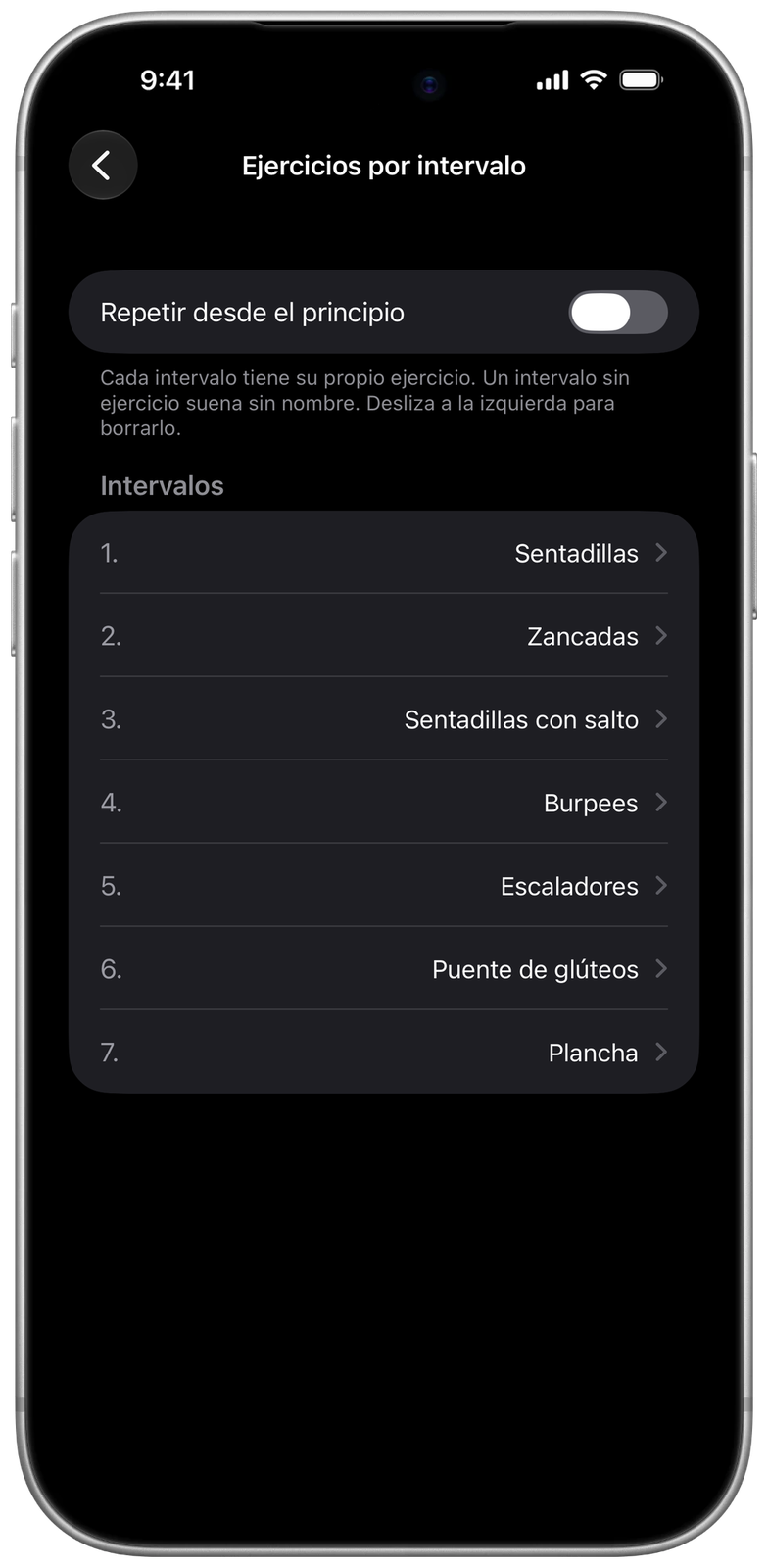 Ejercicios por intervalo en Ares: sentadillas, zancadas, sentadillas con salto, burpees, escaladores, puente de glúteos y plancha
