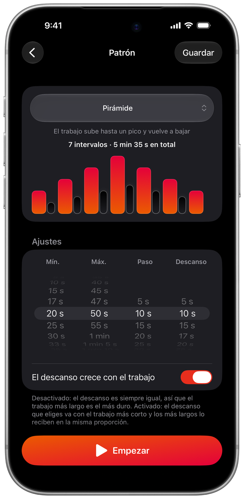 Pantalla Patrón de Ares: pirámide de 7 intervalos de 20 a 50 s, 5 min 35 s en total