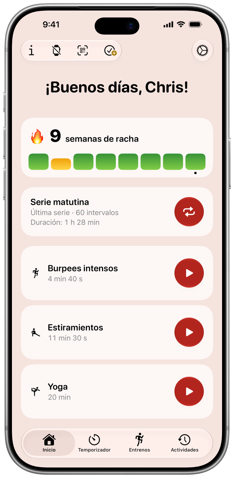 Pantalla principal de Ares con apariencia clara: racha de 9 semanas, repetir la última serie y entrenos fijados