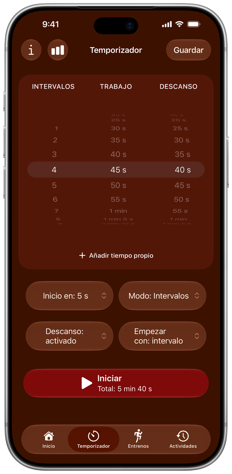 Configuración del temporizador de Ares: intervalos, tiempo de trabajo y de descanso, modo y opciones de inicio