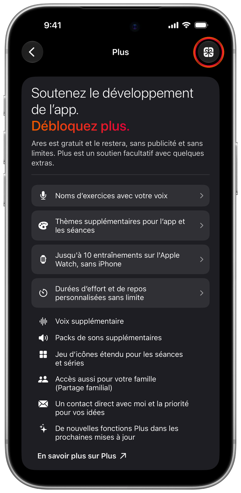 Écran Ares Plus, le bouton cadeau est entouré en haut à droite