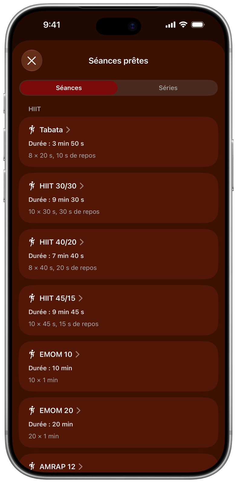 Séances prêtes dans Ares : Tabata, HIIT 30/30, 40/20 et 45/15, EMOM 10 et EMOM 20
