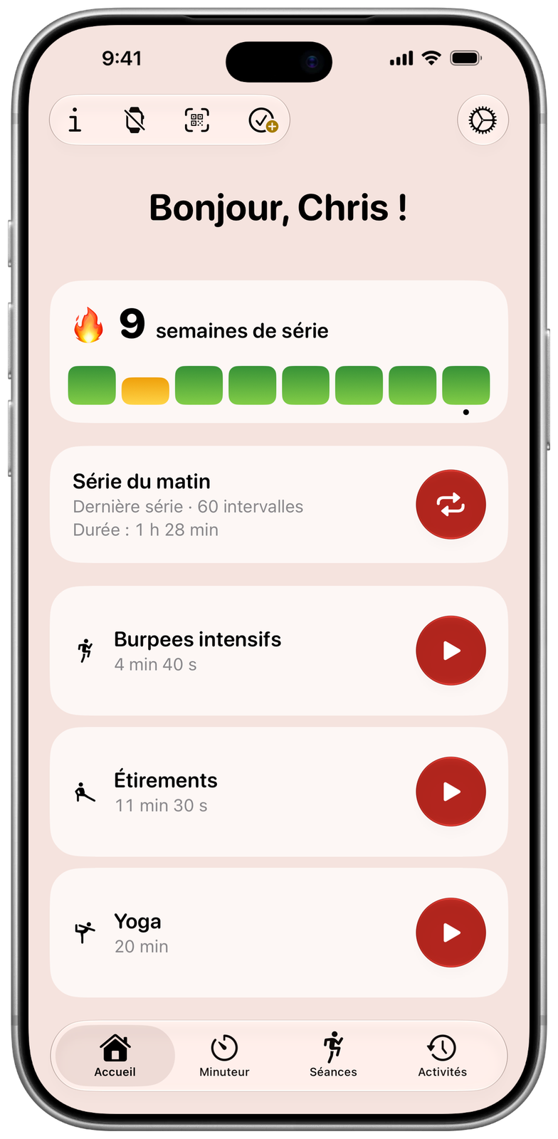 Écran d’accueil d’Ares en apparence claire : série de 9 semaines, relance de la dernière série et séances épinglées