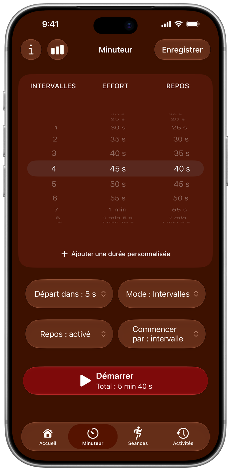 Réglage du minuteur Ares : intervalles, durée d’effort et de repos, mode et options de départ