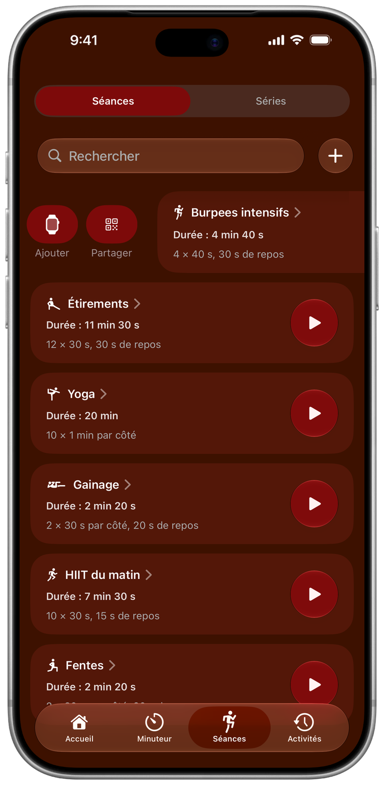 Séances enregistrées dans Ares : burpees, étirements, yoga, planche et plus ; la première glissée vers la droite, avec les actions d’ajout à la montre et de partage