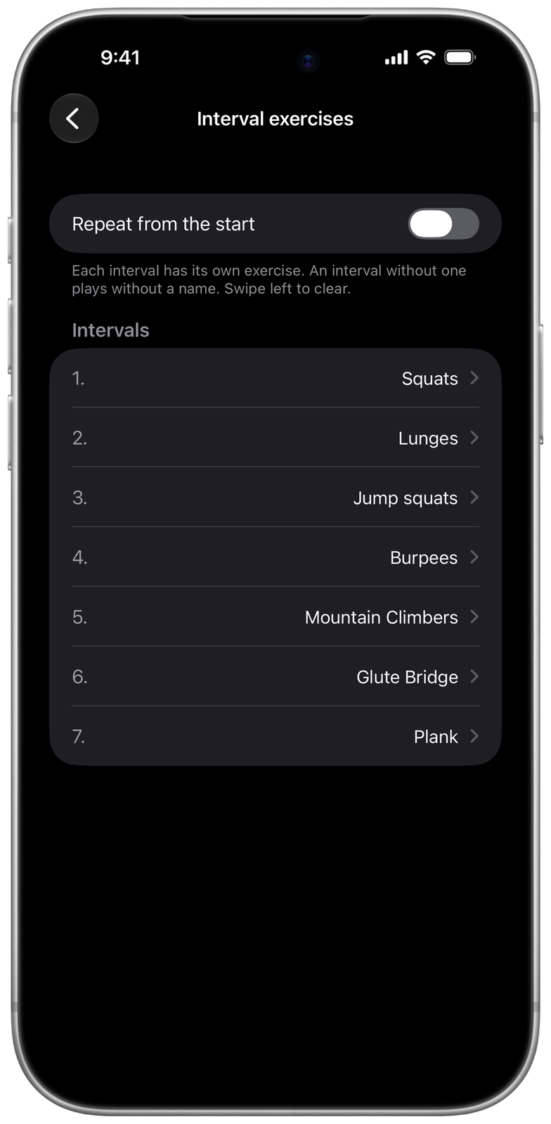 Exercises in intervals in Ares: squats, lunges, jump squats, burpees, mountain climbers, glute bridge and plank