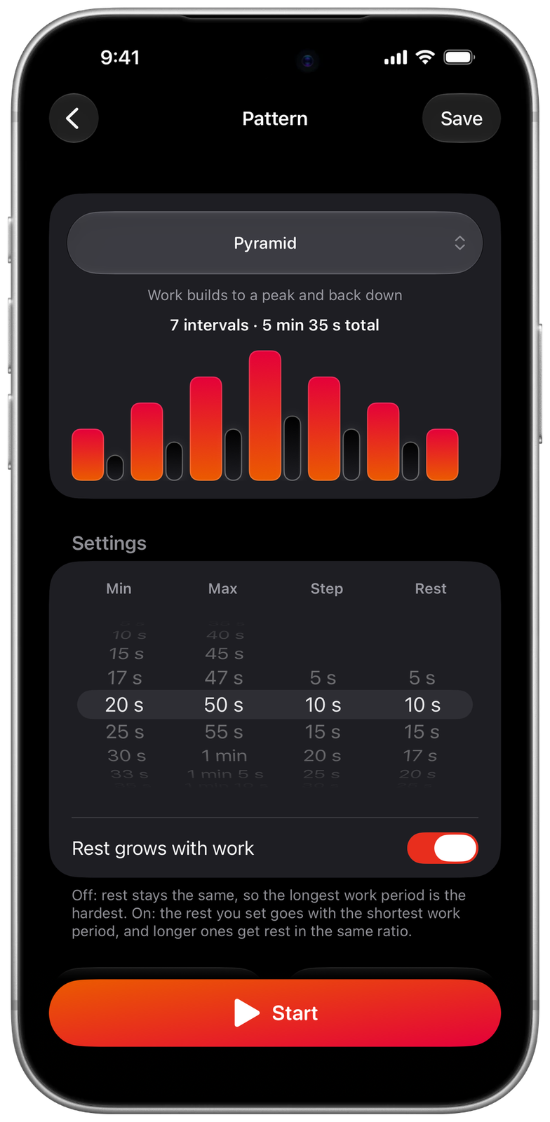 Pattern screen in Ares: a 7-interval pyramid from 20 to 50 s, 5 min 35 s in total