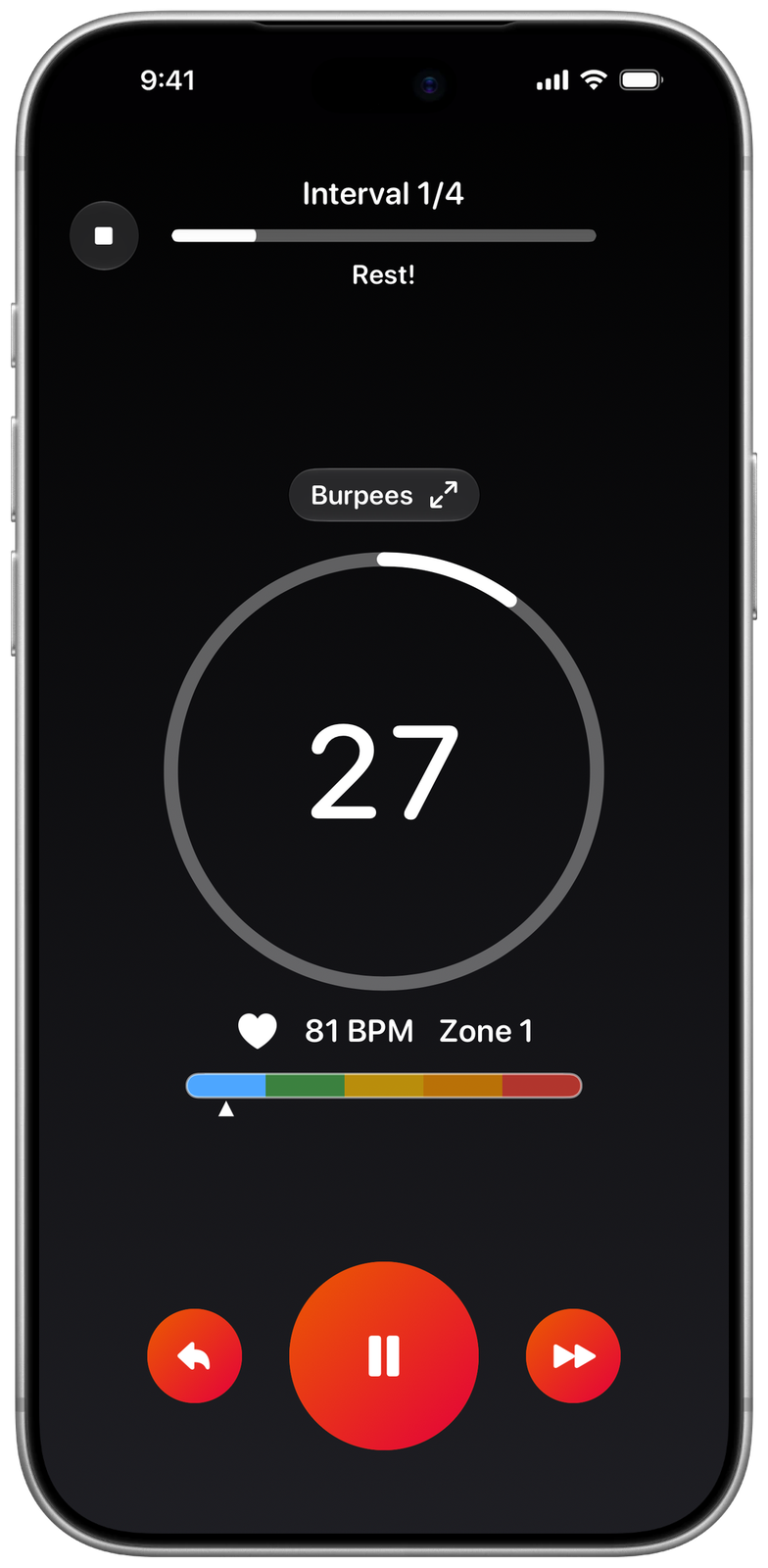 Ares workout screen in the rest phase, Ares Red theme