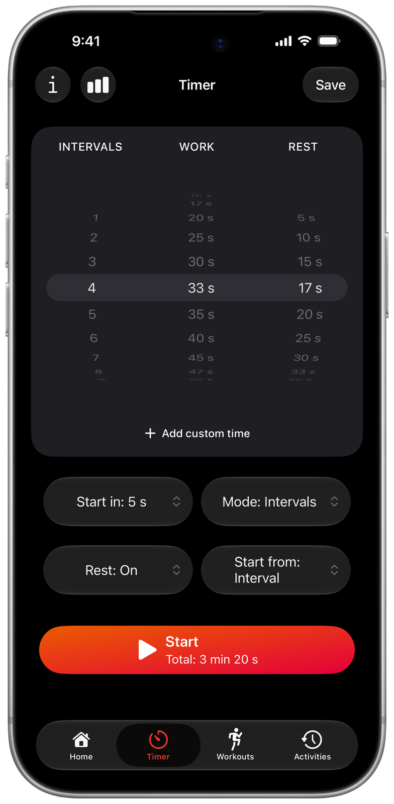 Ares Timer with custom times: 33 s of work and 17 s of rest