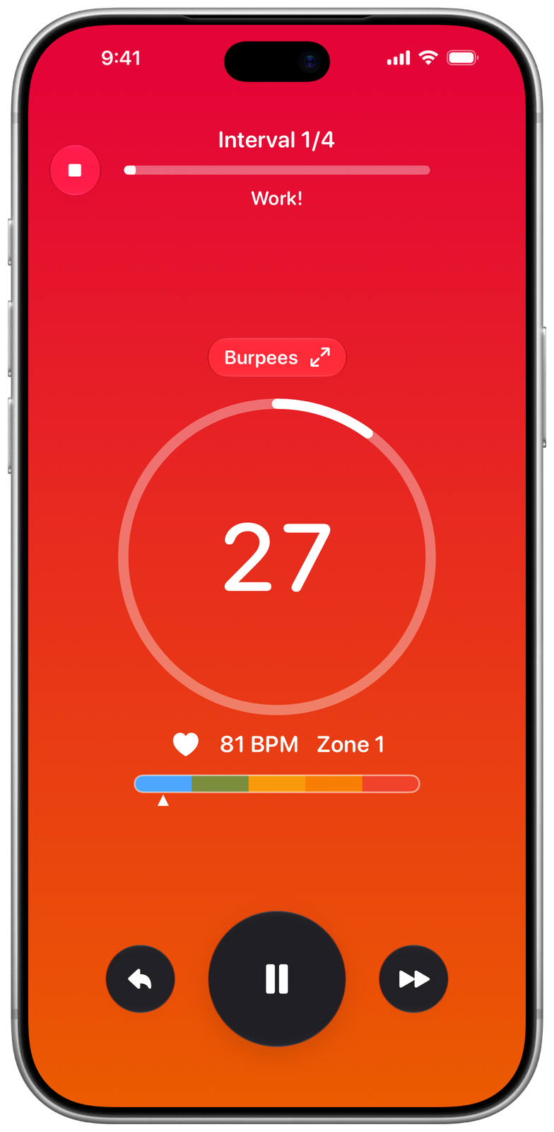 Ares workout screen in the work phase, Ares Red theme