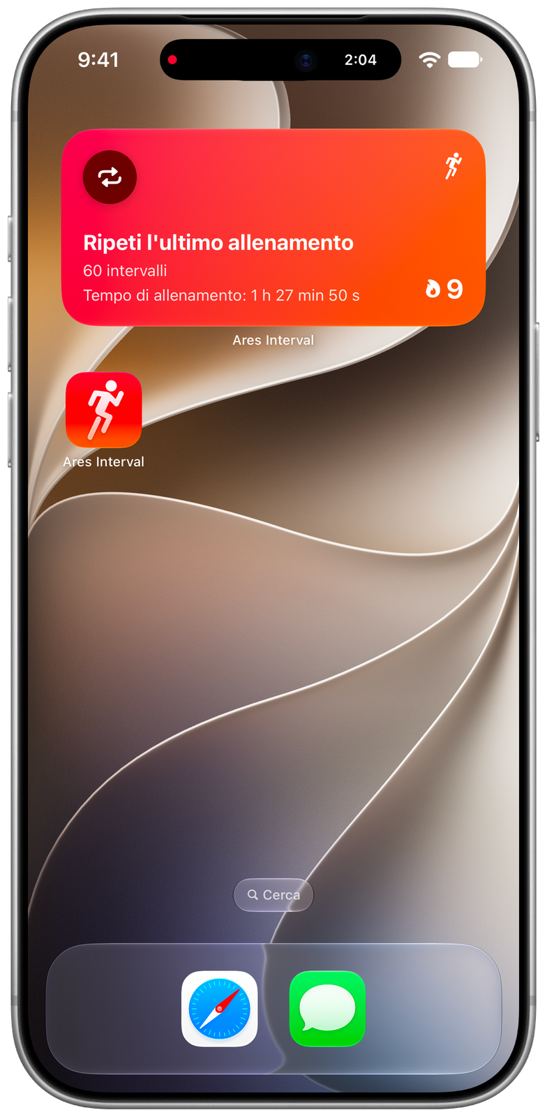 Widget di Ares nella schermata Home dell’iPhone: ripeti l’ultimo allenamento, 60 intervalli, serie di 9 settimane; il tempo dell’allenamento nella Dynamic Island