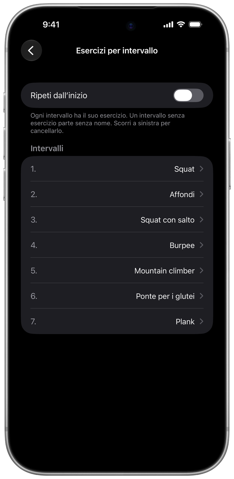 Esercizi per intervallo in Ares: squat, affondi, squat con salto, burpee, mountain climber, ponte per i glutei e plank