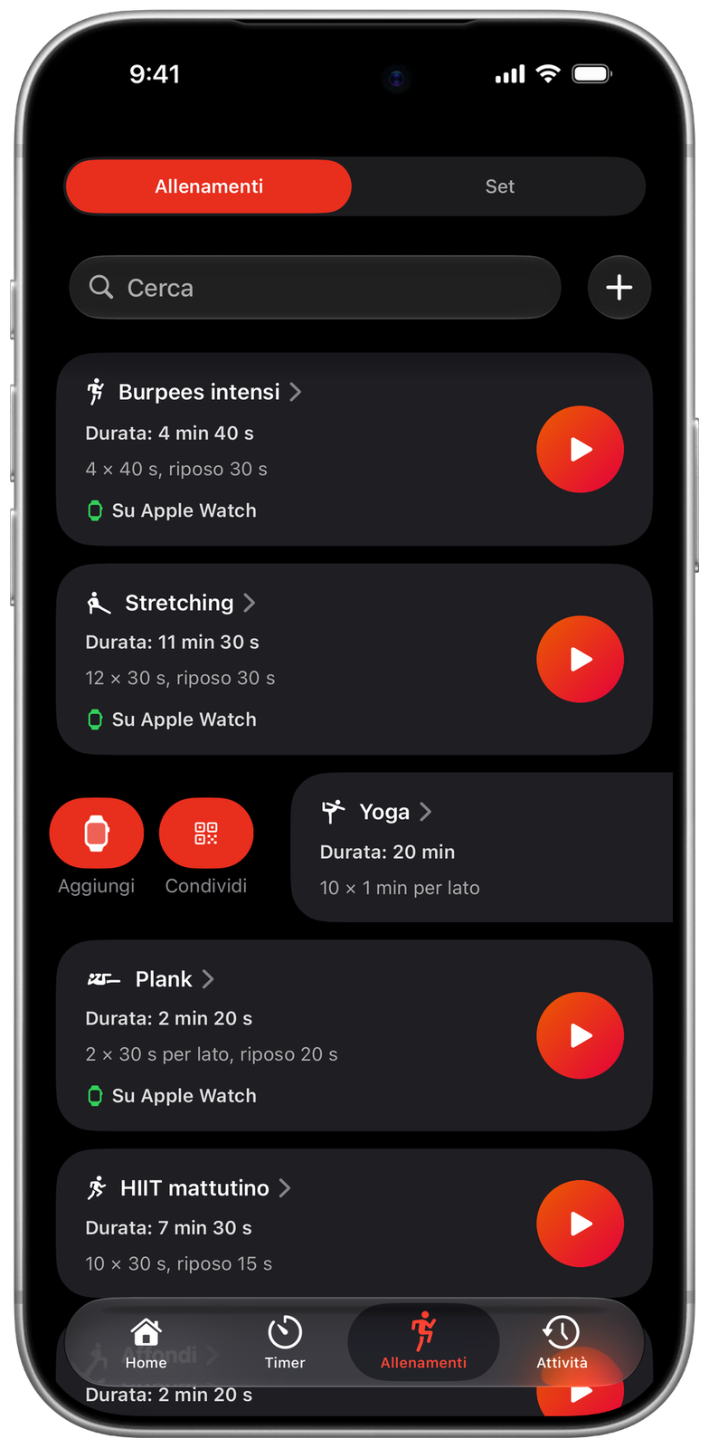 Lista degli allenamenti di Ares su iPhone, tre segnati Su Apple Watch, e un altro fatto scorrere verso destra con l’azione per aggiungerlo all’orologio