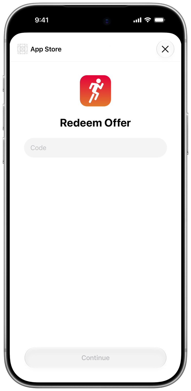 Finestra dell’App Store per riscattare un’offerta, con un campo per il codice