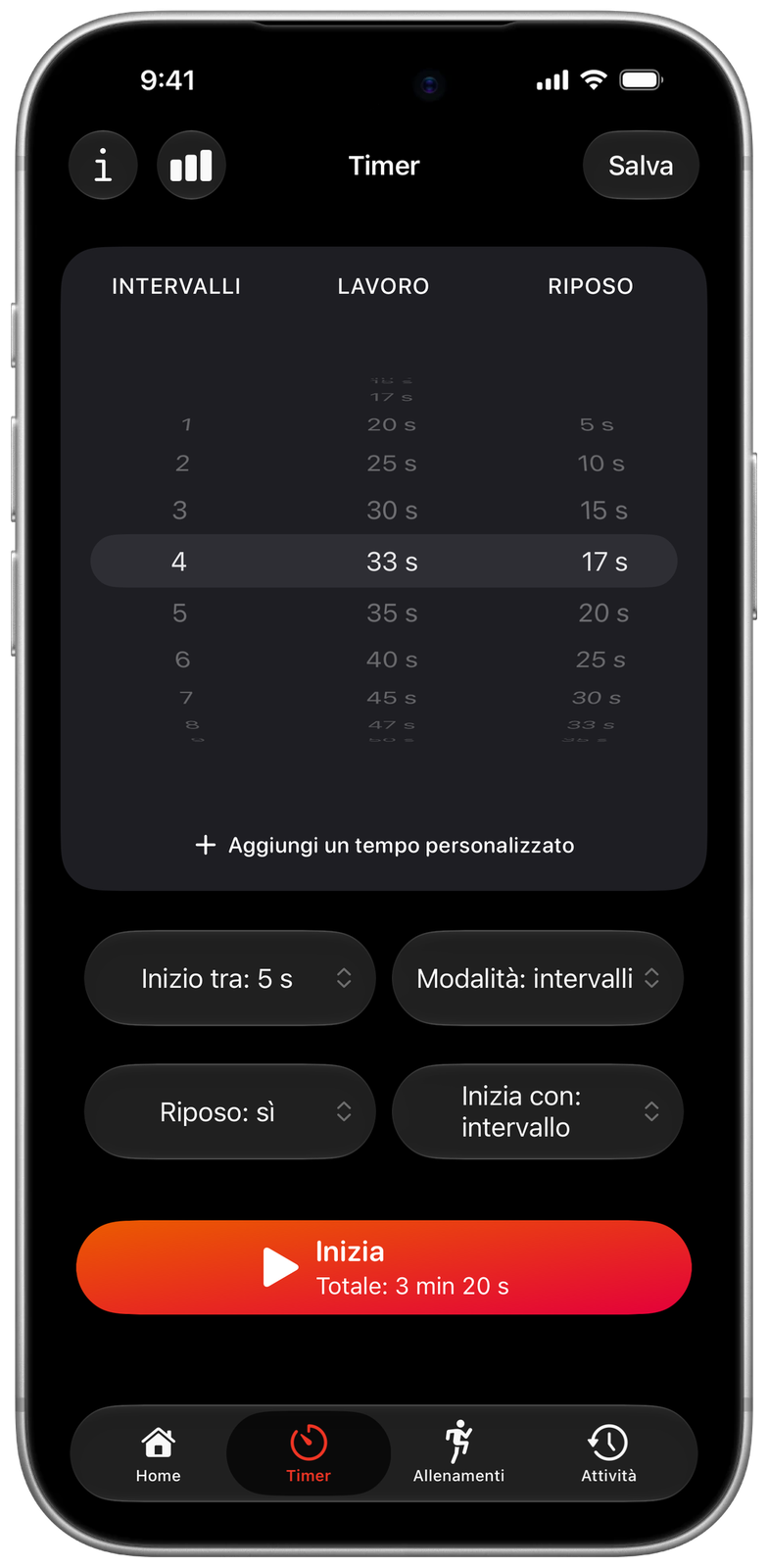Timer di Ares con tempi personalizzati: 33 s di lavoro e 17 s di riposo