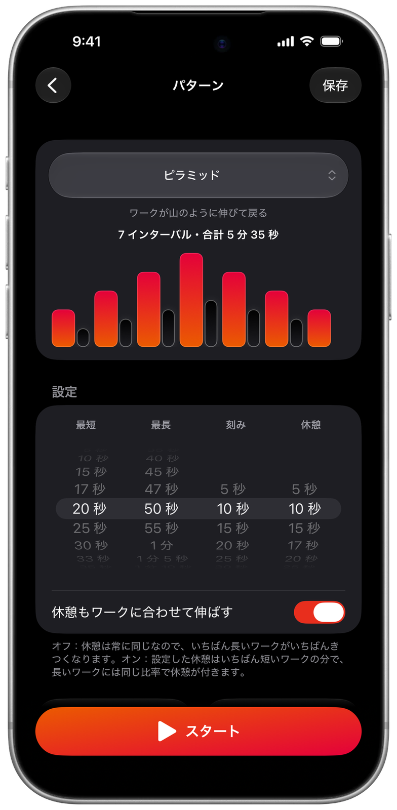 Ares のパターン画面:20 秒から 50 秒まで 7 インターバルのピラミッド、合計 5 分 35 秒