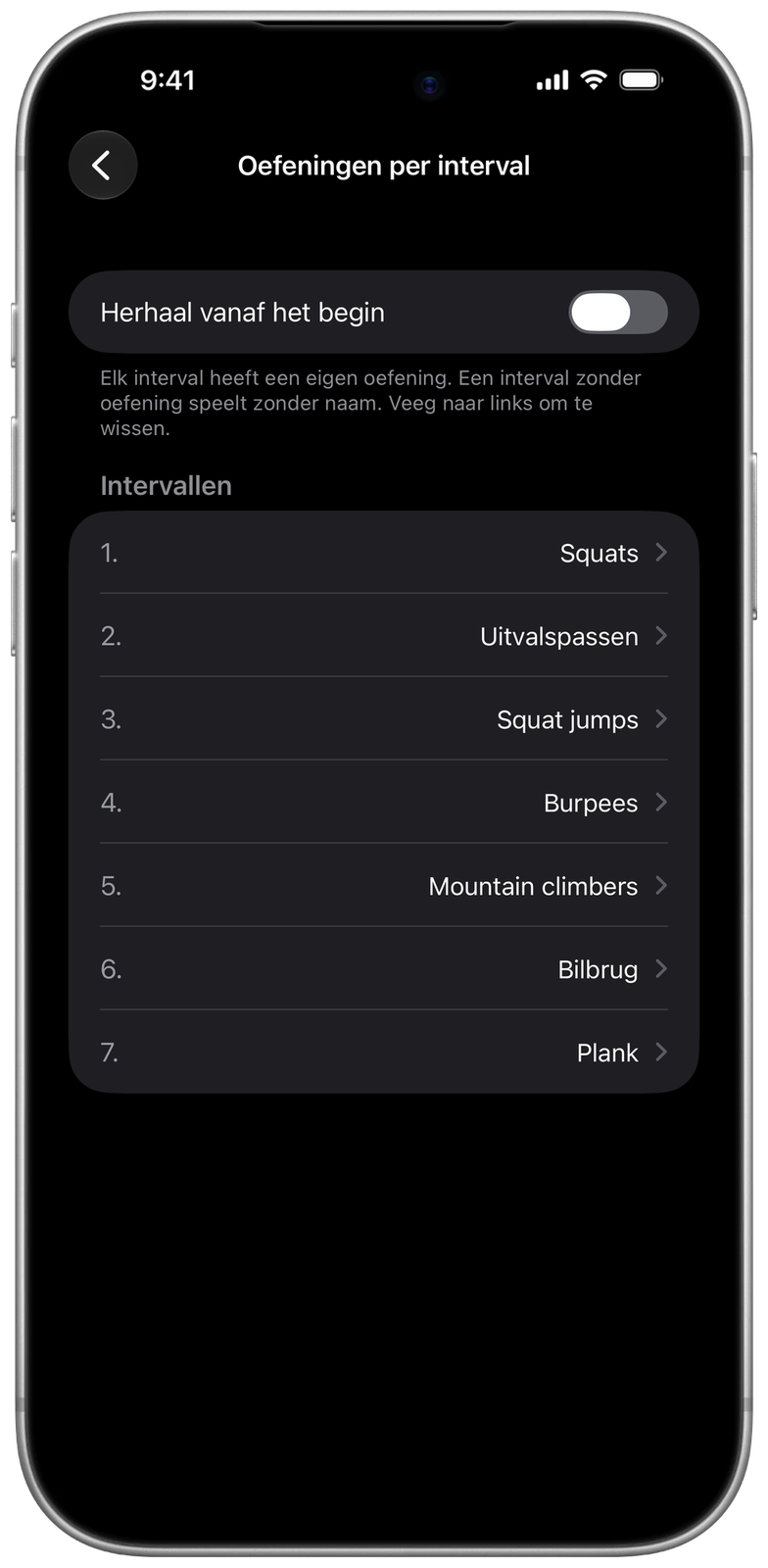 Oefeningen per interval in Ares: squats, uitvalspassen, squat jumps, burpees, mountain climbers, bilbrug en plank
