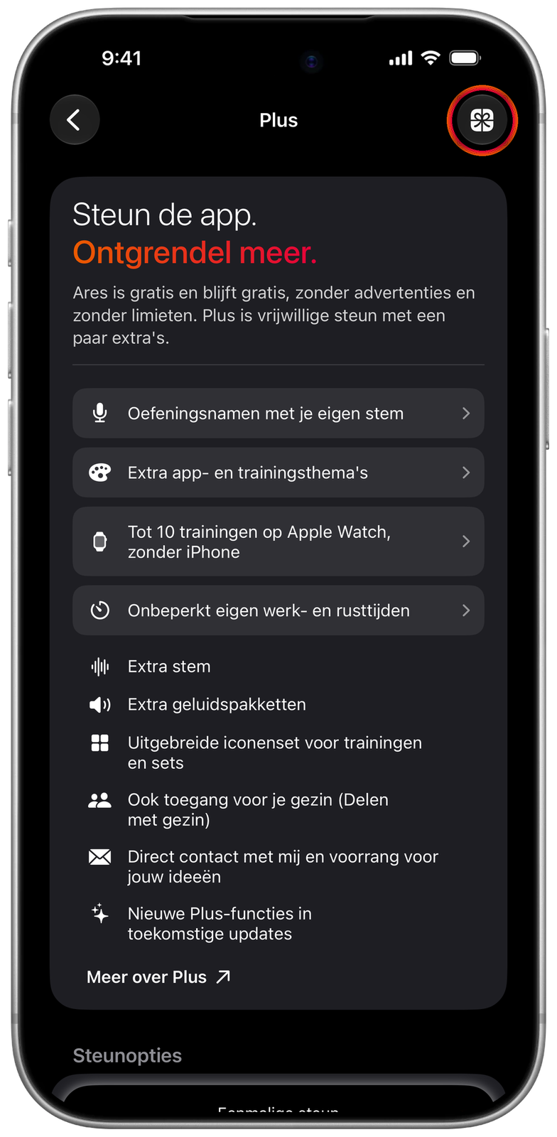 Ares Plus-scherm met rechtsboven de cadeauknop gemarkeerd
