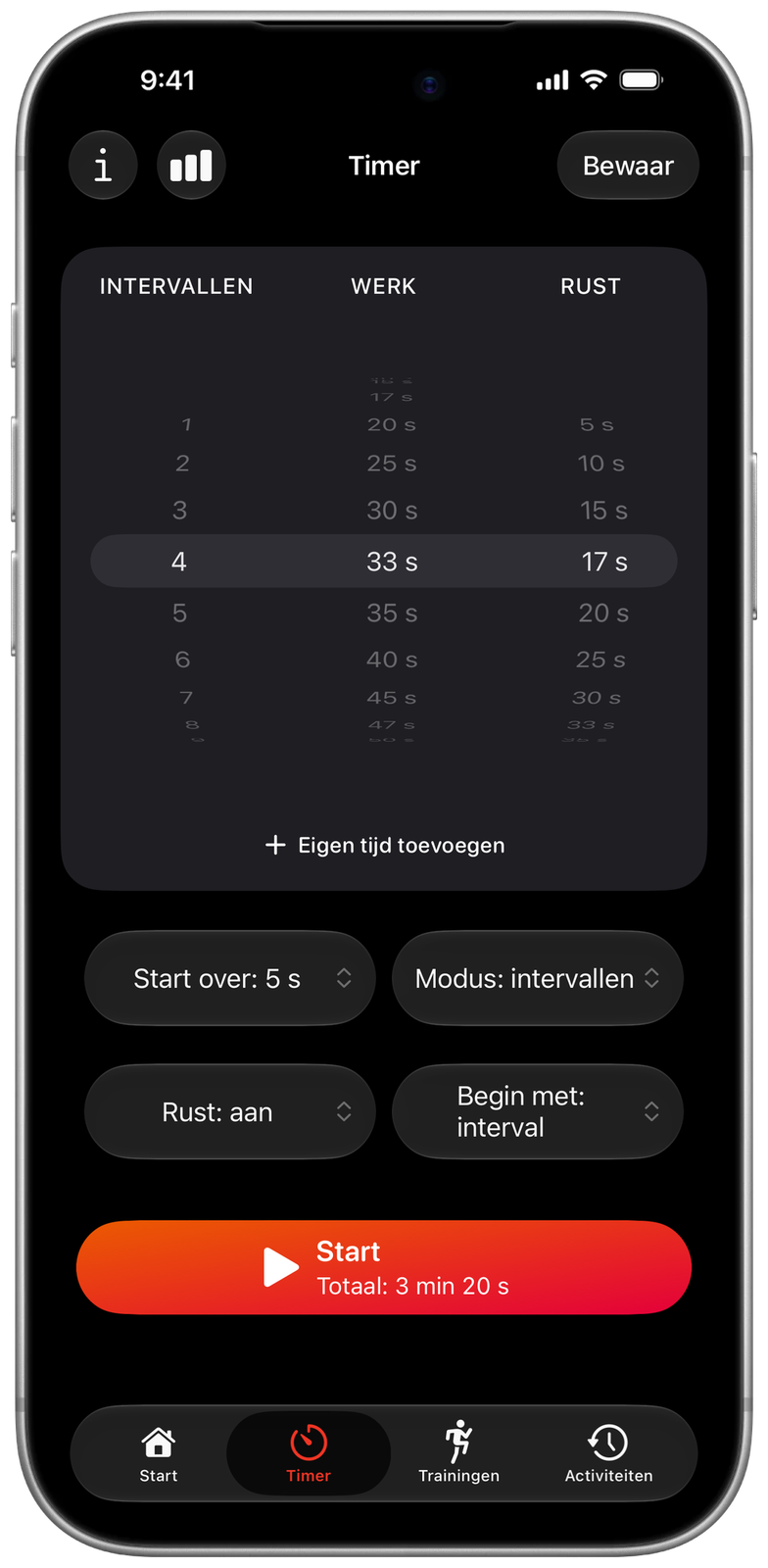Timer in Ares met eigen tijden: 33 s werk en 17 s rust