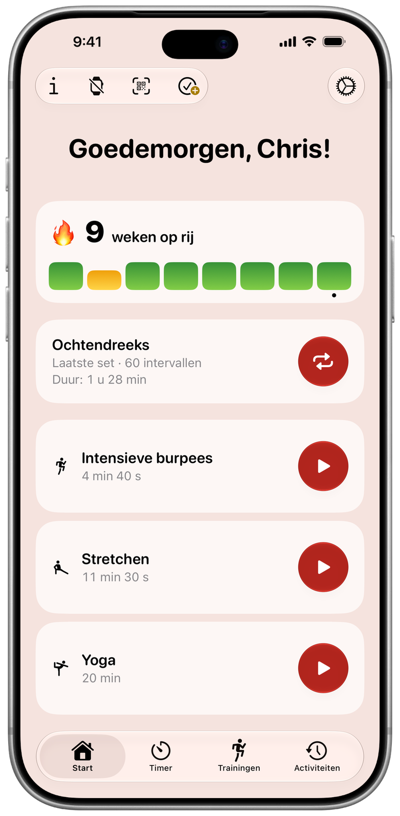 Beginscherm van Ares in lichte weergave: 9 weken op rij, laatste set herhalen en vastgezette trainingen