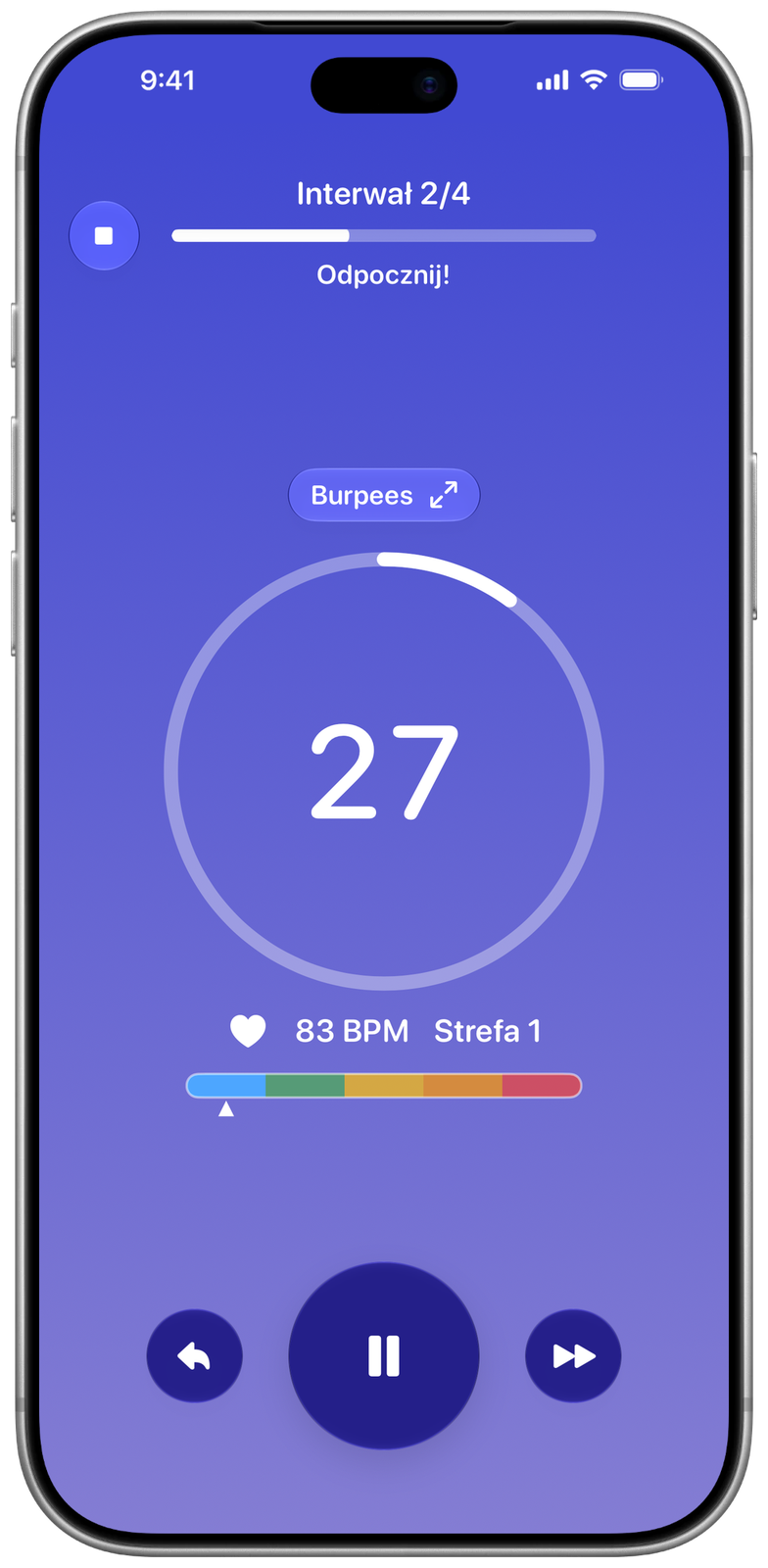 Ares na iPhonie w fazie przerwy z tętnem i strefą tętna