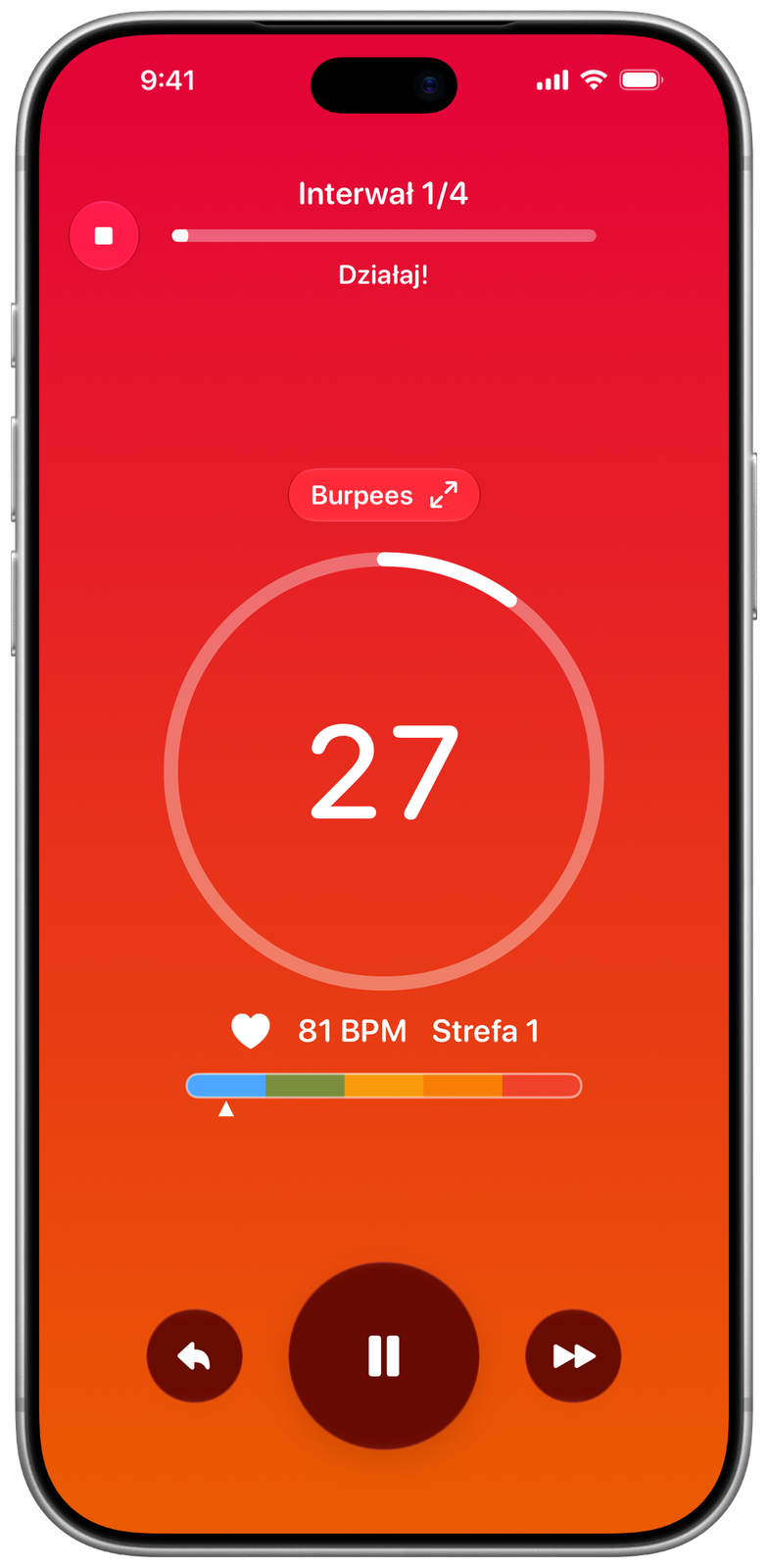 Ares na iPhonie odlicza interwał burpees z tętnem i strefami na żywo