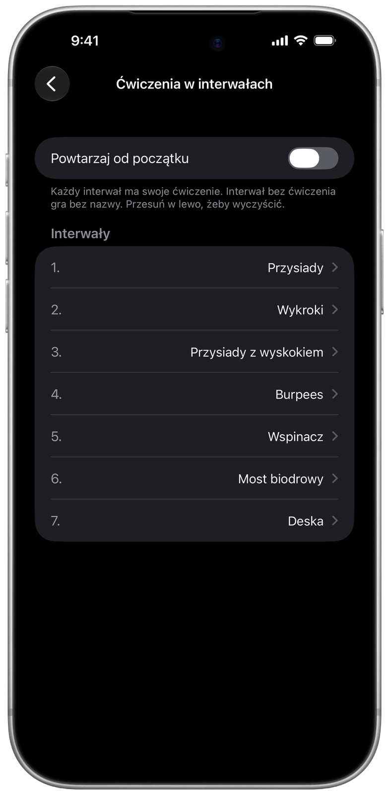 Ćwiczenia w interwałach w Ares: przysiady, wykroki, przysiady z wyskokiem, burpees, wspinacz, most biodrowy i deska