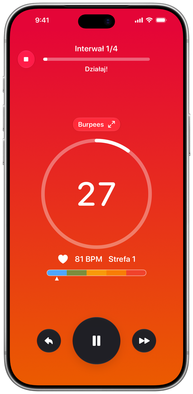 Ekran treningu Ares w fazie pracy, motyw Ares Red