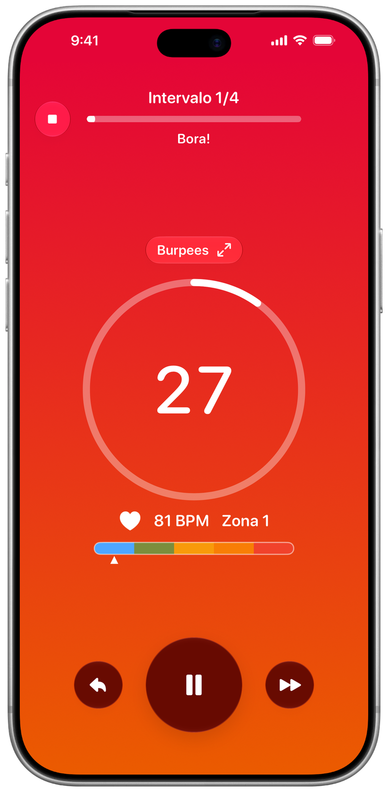 Ares no iPhone em contagem regressiva de um intervalo de burpees com frequência cardíaca e zonas ao vivo