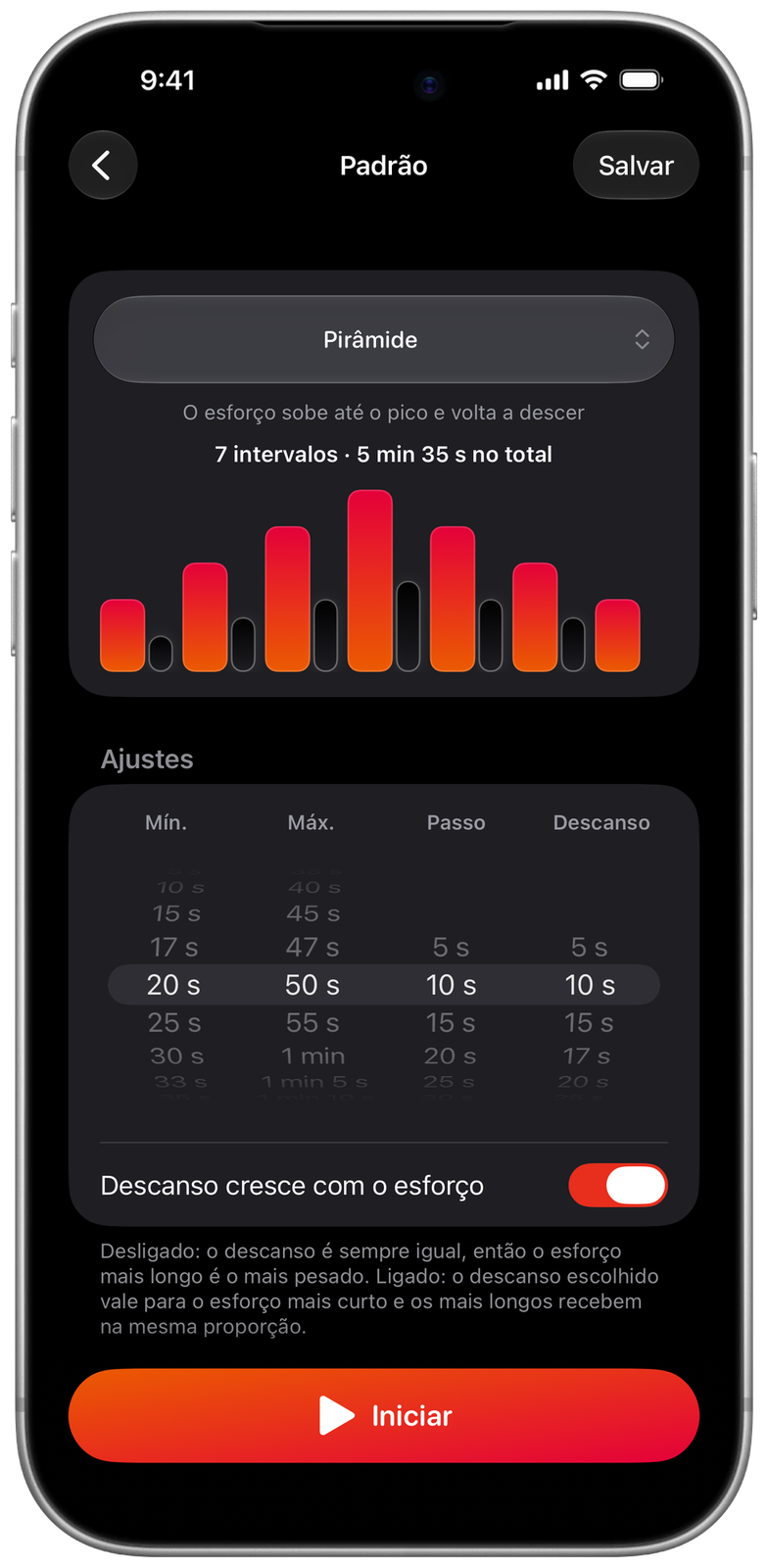 Tela Padrão no Ares: pirâmide de 7 intervalos de 20 a 50 s, 5 min 35 s no total