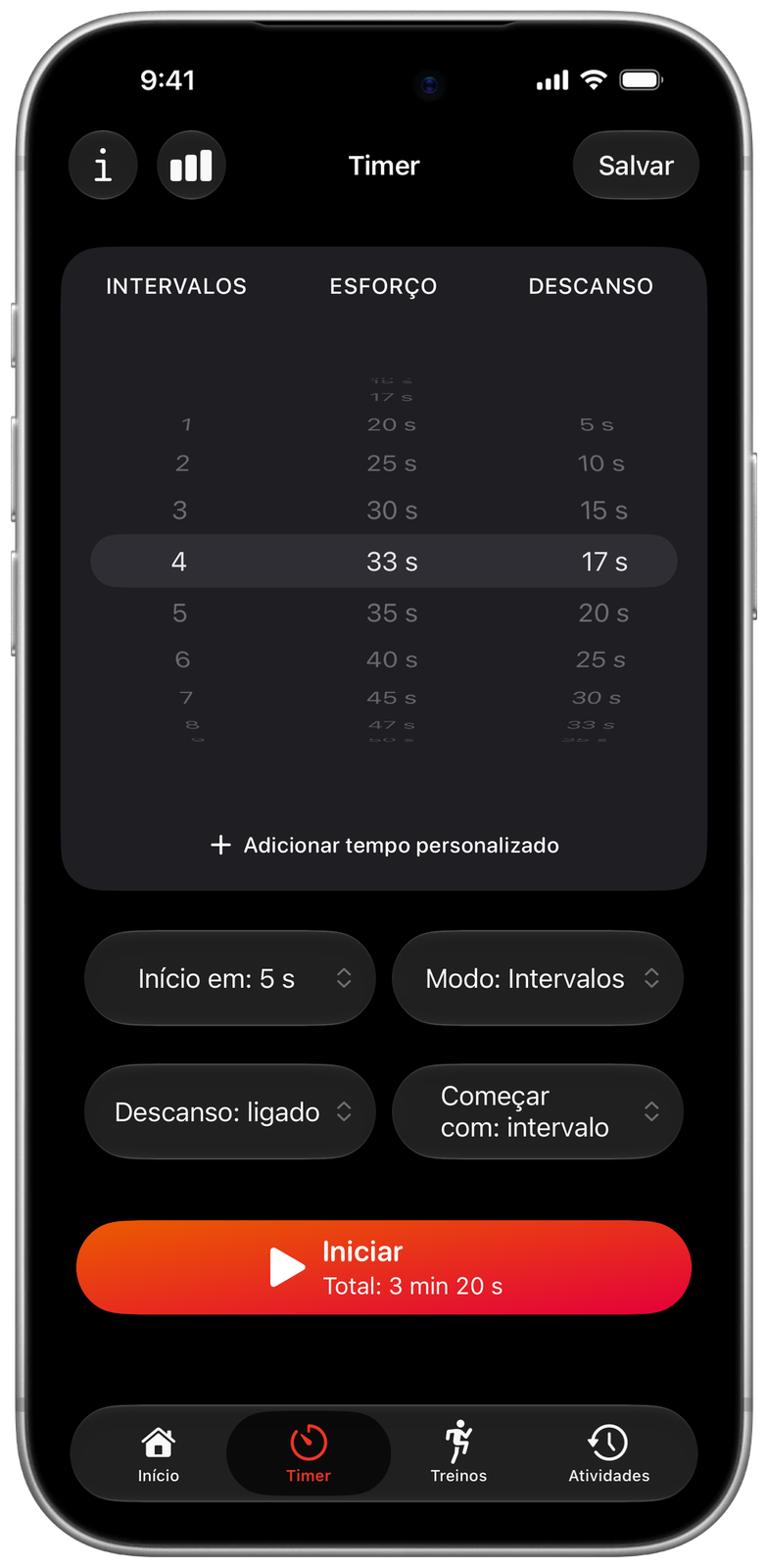Timer do Ares com tempos personalizados: 33 s de esforço e 17 s de descanso
