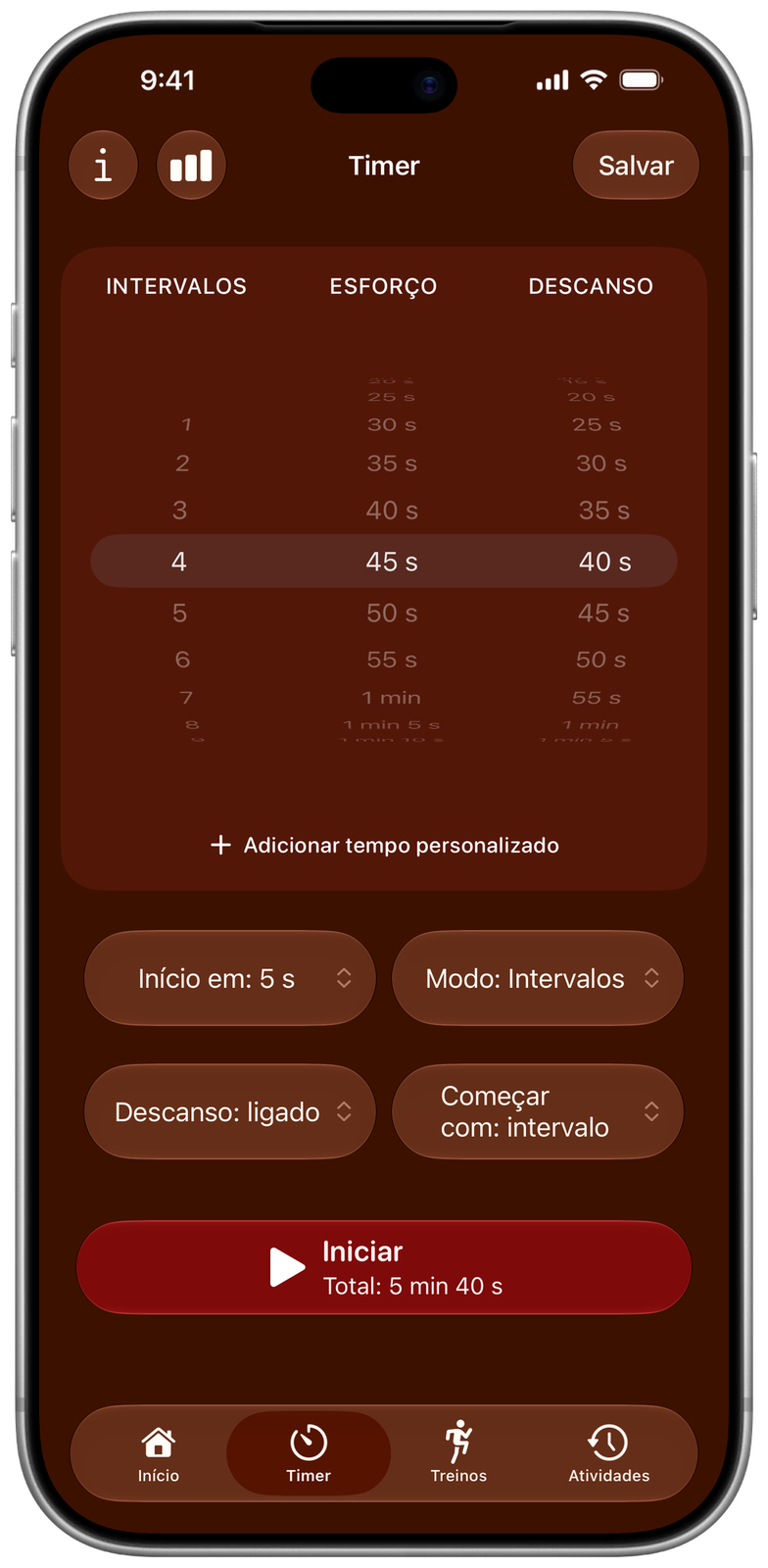 Configuração do timer do Ares: intervalos, tempo de esforço e de descanso, modo e opções de início