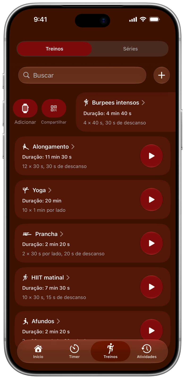 Treinos salvos no Ares: burpees, alongamento, yoga, prancha e mais; o primeiro deslizado para a direita, com as ações de adicionar ao relógio e compartilhar