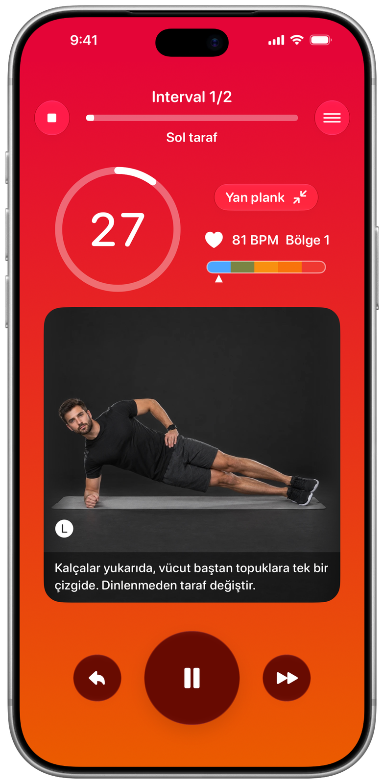 iPhone’da antrenman sırasında Ares: egzersiz fotoğrafıyla yan plank, nabız ve altında bir not