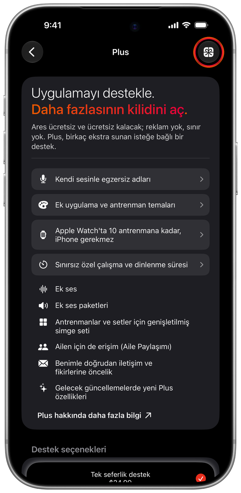 Ares Plus ekranı, sağ üstteki hediye düğmesi işaretli