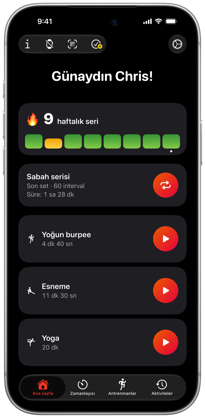 Ares Red temasında Ares ana ekranı