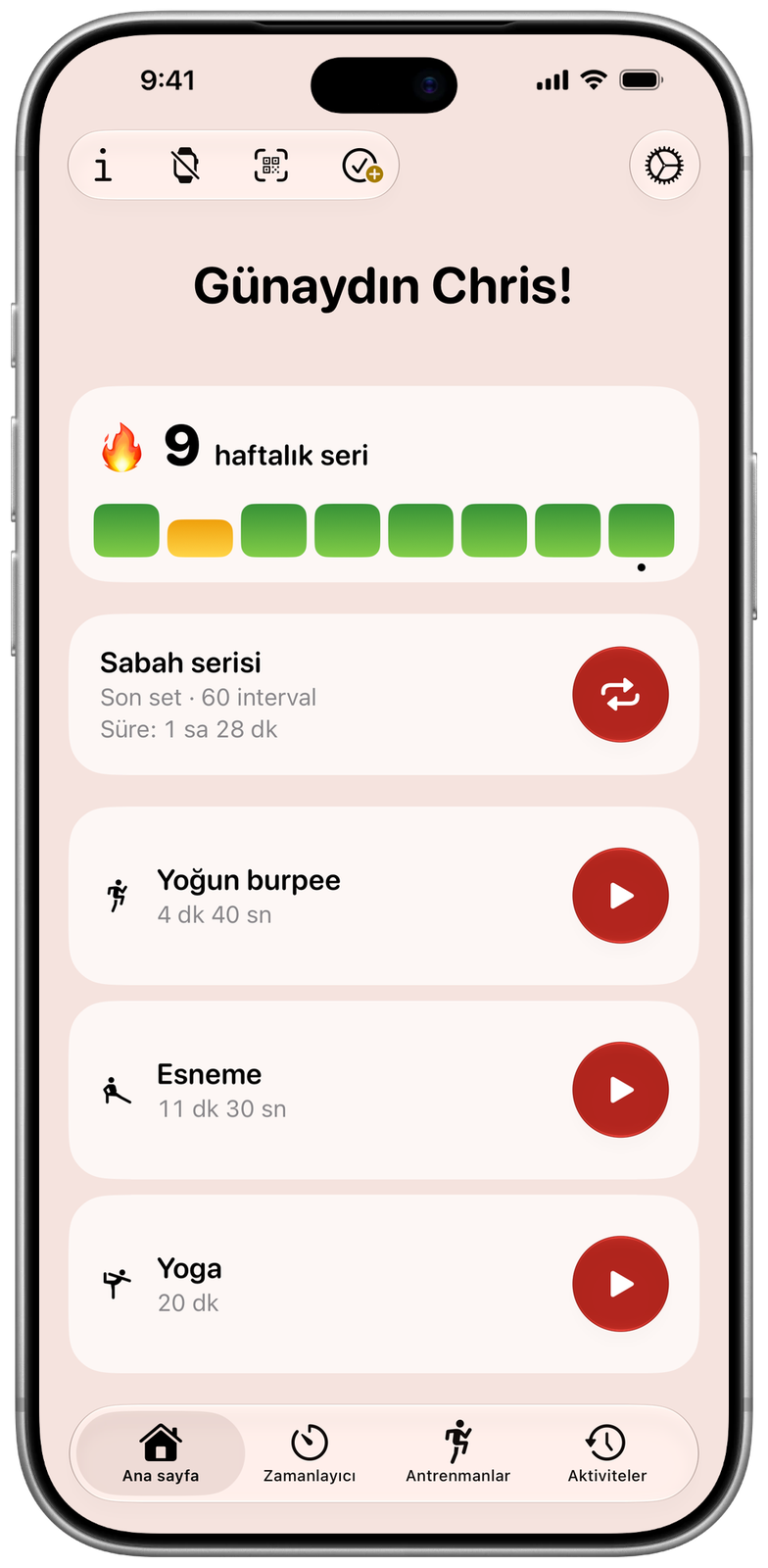 Açık görünümde Ares ana ekranı: 9 haftalık seri, son seti tekrarlama ve sabitlenmiş antrenmanlar