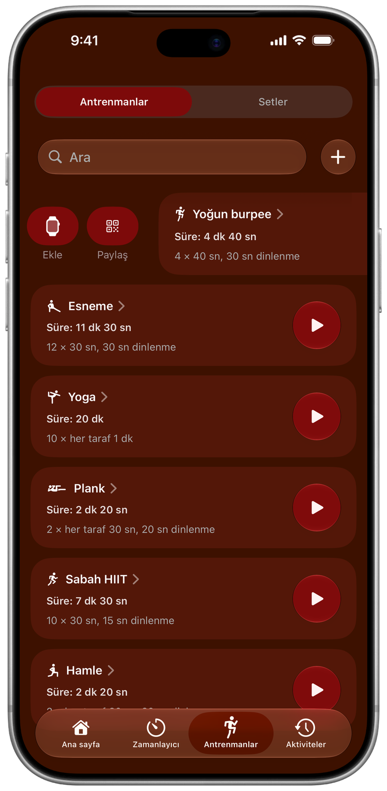 Ares’te kayıtlı antrenmanlar: burpee, esneme, yoga, plank ve daha fazlası; ilki sağa kaydırılmış, saate ekleme ve paylaşma işlemleriyle
