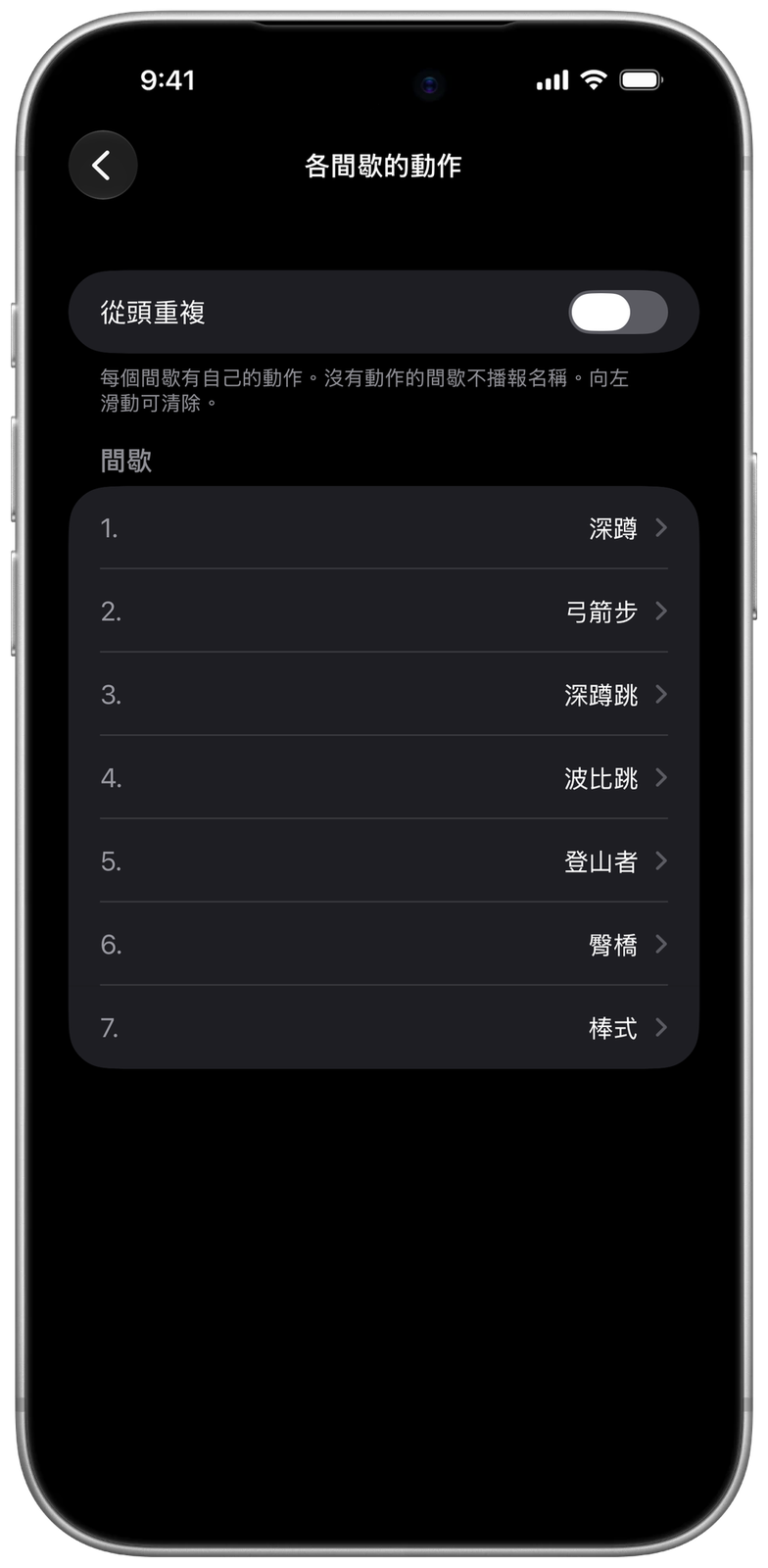 Ares 中各間歇的動作：深蹲、弓箭步、深蹲跳、波比跳、登山者、臀橋與棒式